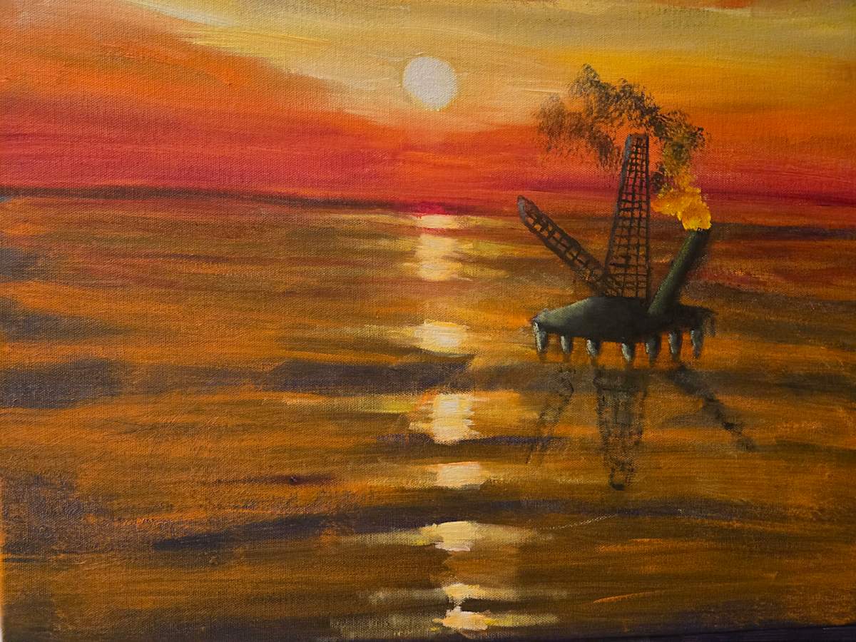 Drill Baby Spill by Joan Affenit  Image: The combination of oil drilling and climate change is wreaking havoc on our planet's oceans. This work calls out the desolation they bring