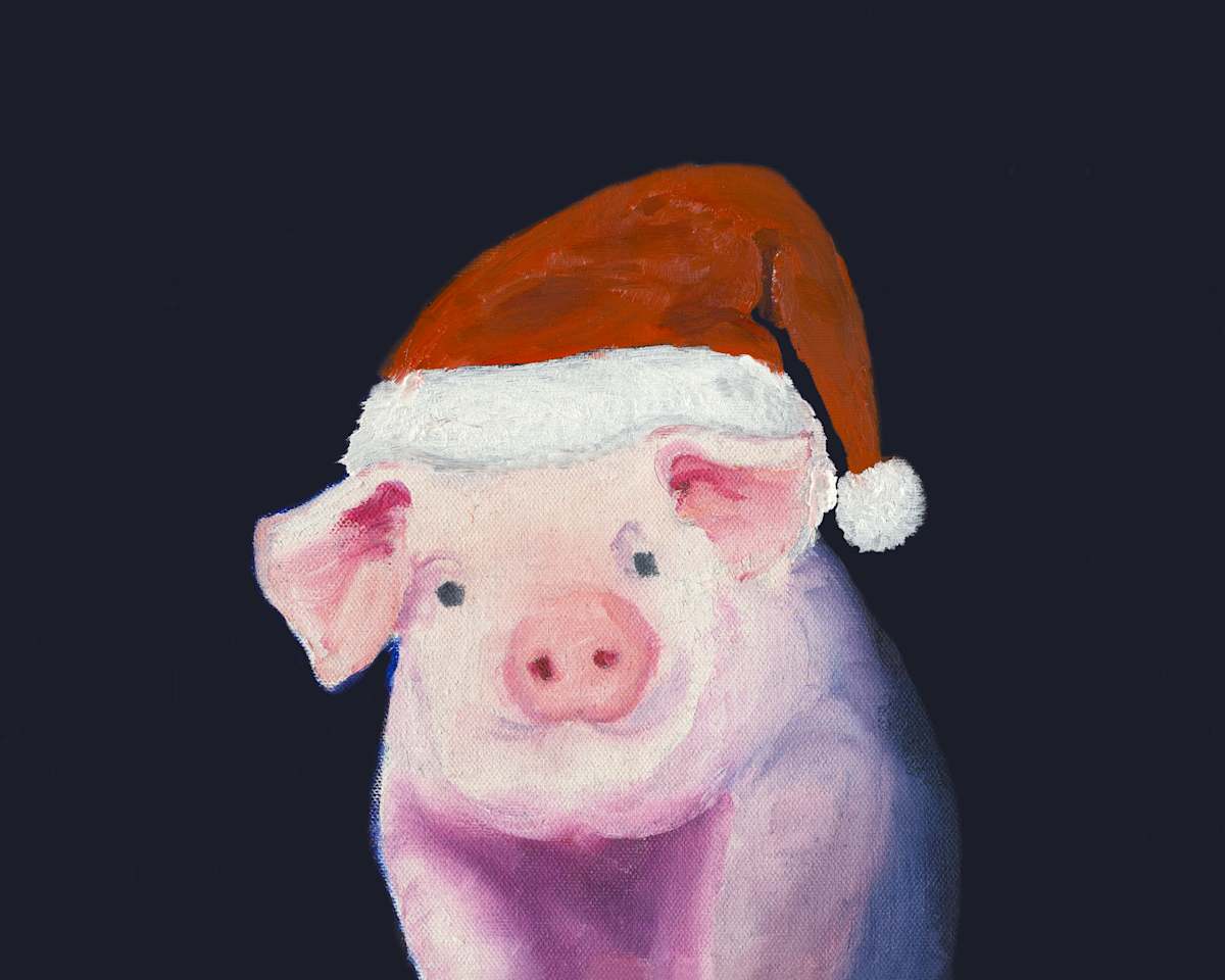 Santa Piggy by Joan Affenit  Image: Santa Piggy is a whimsical creation for holiday cheer - can be ordered printed on note cards, mugs, aprons and other products on request 