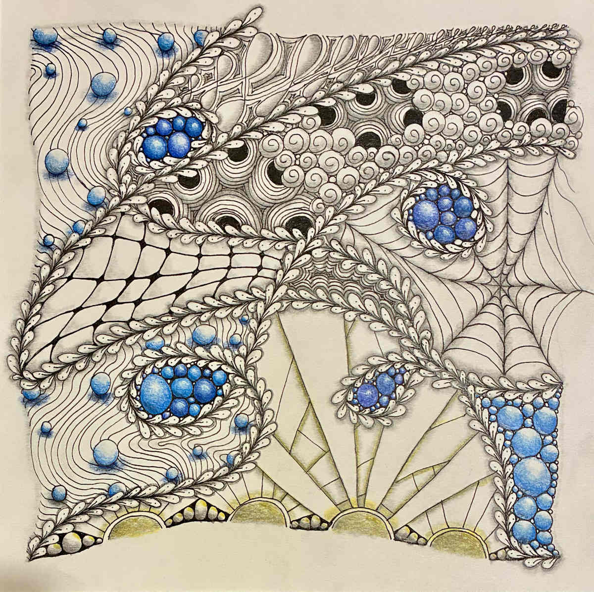 Blue Beads in Tangles by Jenny Mahan  Image: 100 Day Project 2025 #48