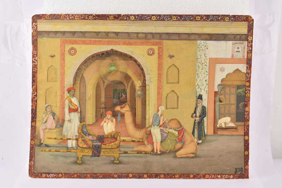 Ghalib’s Indulgence: Wine Over Necessity  Image: In this playful scene, Mirza Ghalib returns from a gathering, his camel towering under the weight of wine. When his wife questions him, he replies with trademark wit: “God promised sustenance; I arranged the wine.” Delicate figures, lush details, and elegant architecture echo the poet’s indulgent spirit.


