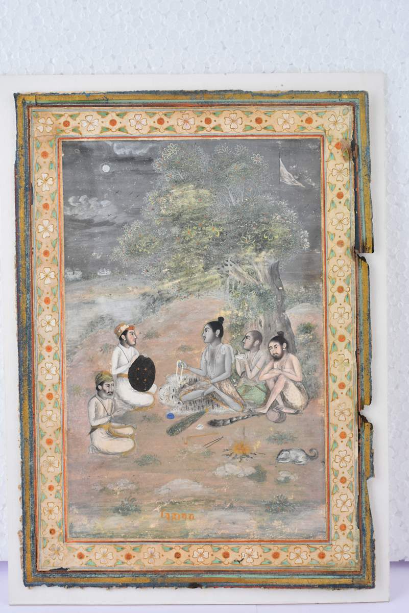 Ragamala Painting : Bhairava  Image: These lyrical compositions from a Ragamala Series visualize musical mides through poetic imagery. Bhairava is shown as a seated ascetic with musicians under a moonlit sky. Similar works are found in the Alwar Museum.