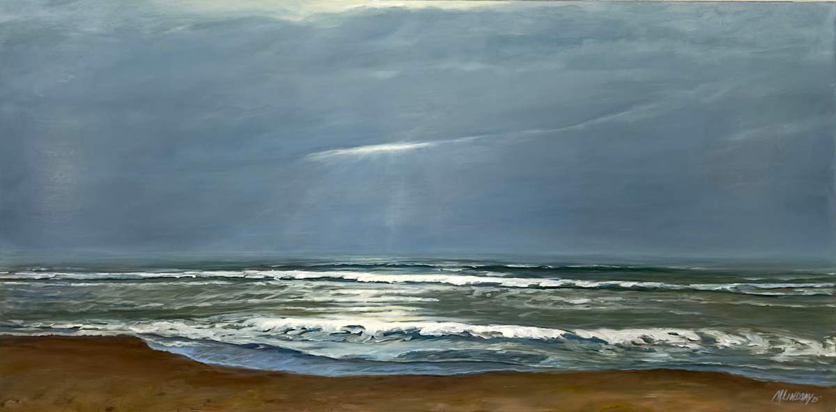 Chance Opening by Marjorie Lindsay  Image: This painting captures a strange unique moment when a thin opening happened in a cloud bank along the Gulf Coast.