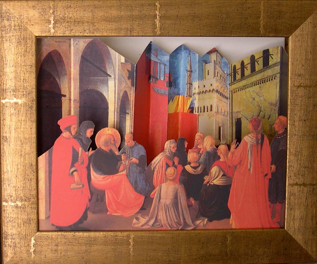 Frangelic by Christopher W. Tyler and Amy Ione by Amy Ione  Image: This piece of boxed art Art is an homage to Fra Angelica’ Linaiuoli Tabernacle: Peter Preaching with Mark. (Predella. 1433. Tempera on panel. 39 x 56 cm. Museo di San Marco, Florence, Italy). 