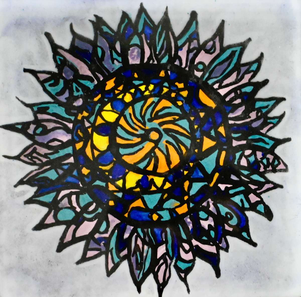 Mandala trivet by Susan Mason  Image: Enamel painted fused glass Mandala trivet