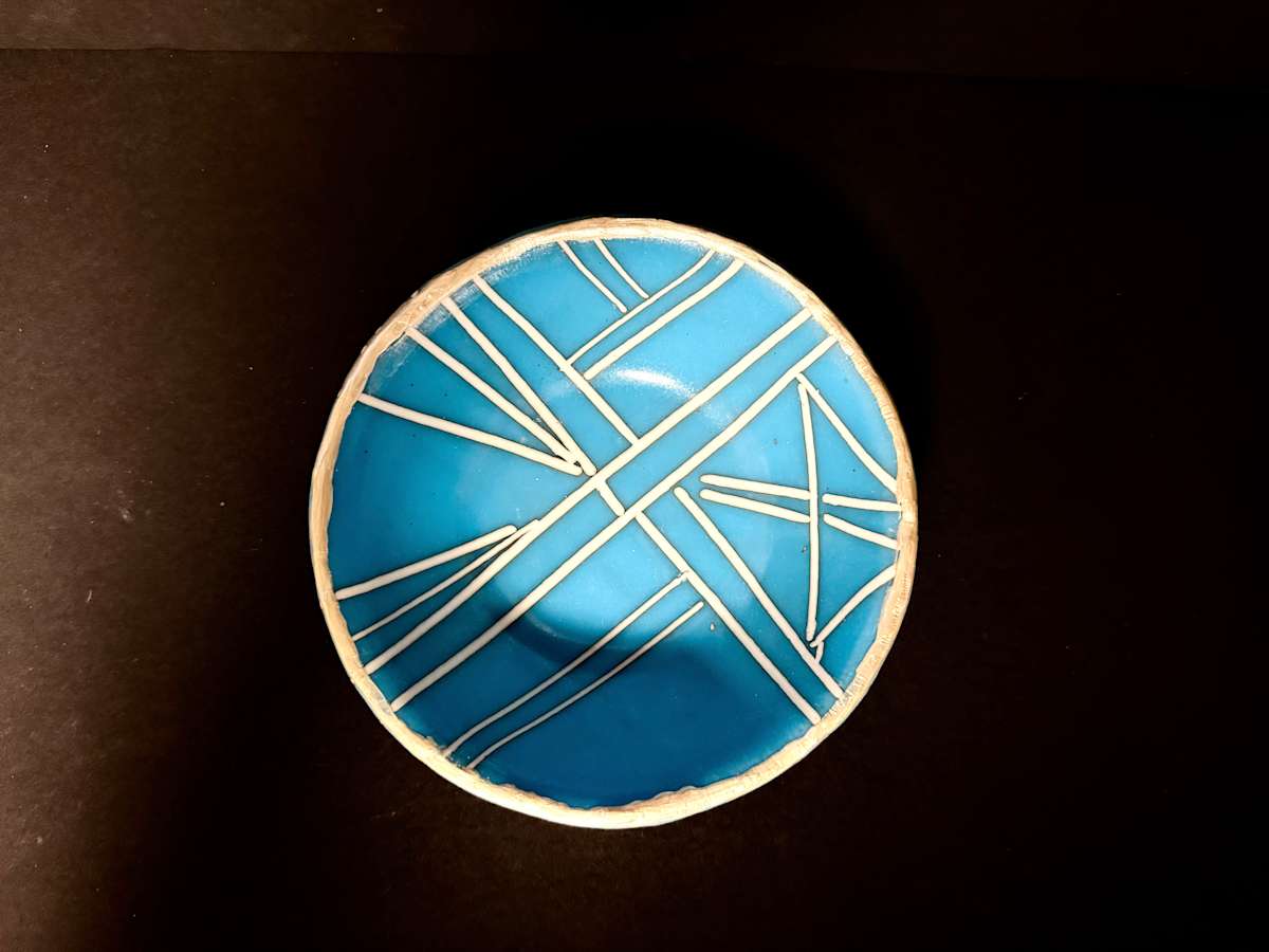 Small blue stripes bowl by Susan Mason  Image: under side of bowl