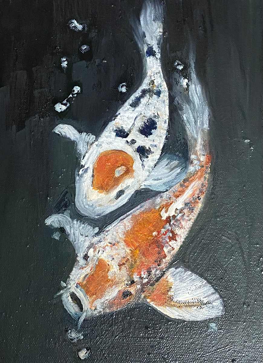 Waterscape with a paired  Tancho- and Bronze Samurai koi. by Karin Moustakas  Image: Tancho - and Bronze Samurai Koi.