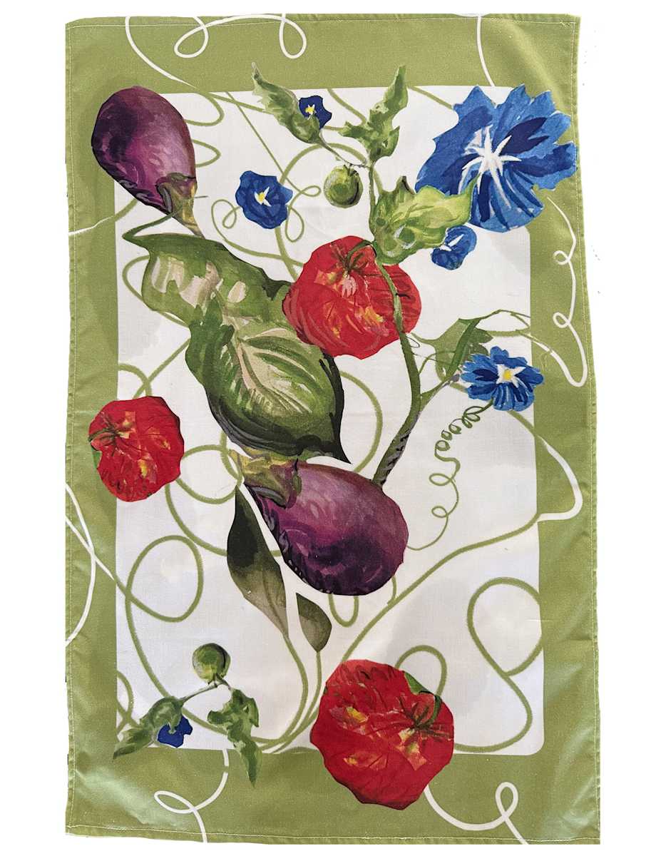 Vegetable tea towel by nikki  Image: Full view of the tea towel, 18 x 30 inches, cotton twill.