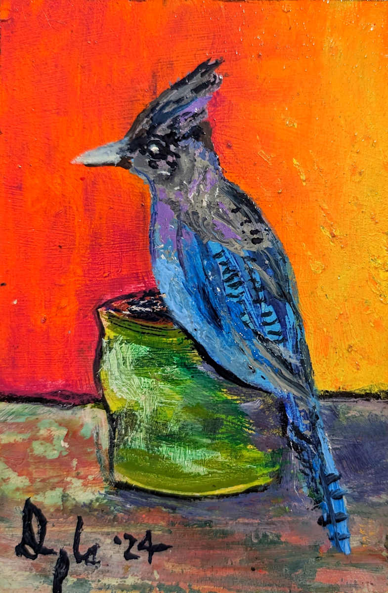 Blue Jay On Green Cup by Douglas Black  Image: Blue Jay: From The Little Birds Mini Oils Series