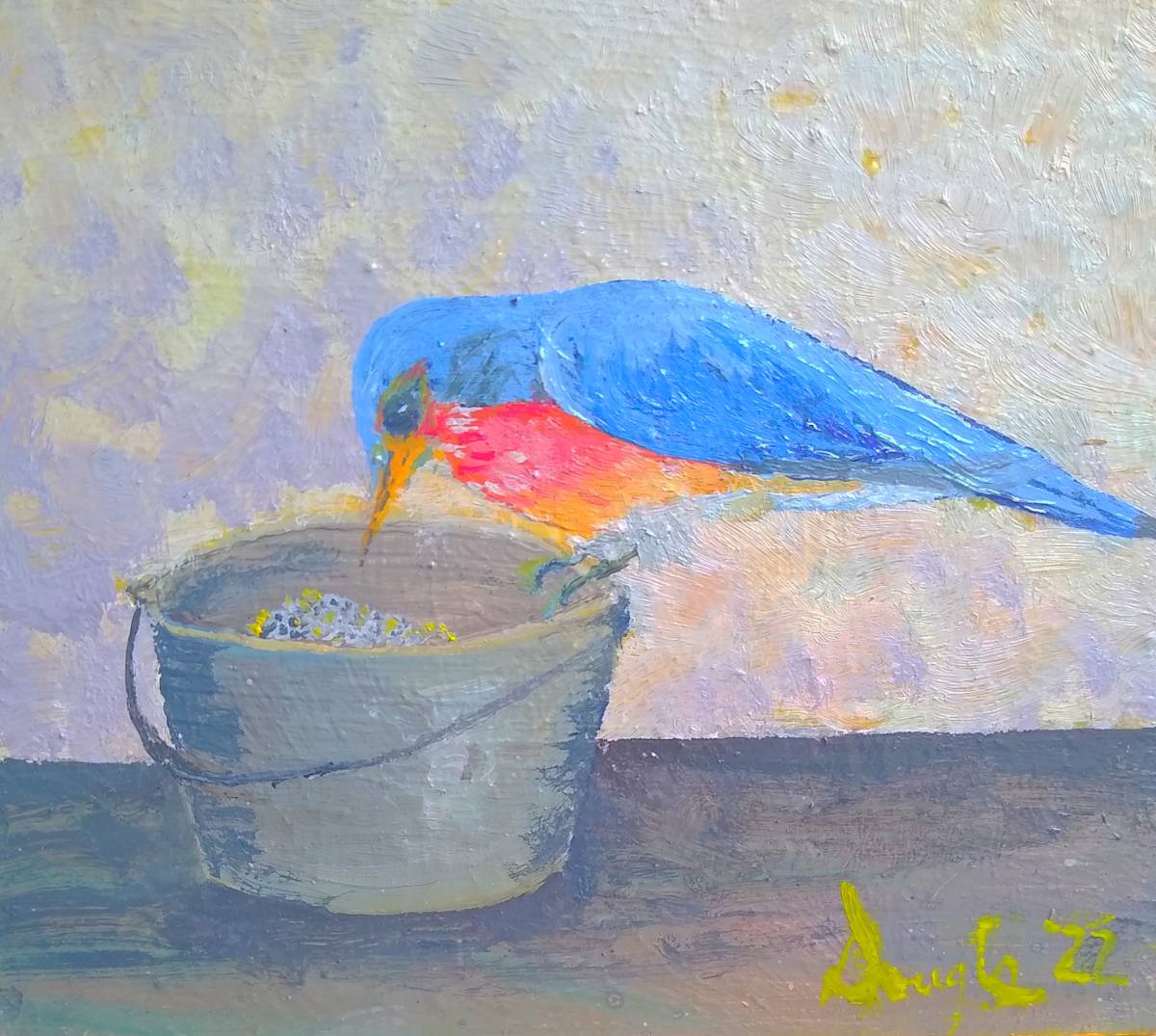 Bluebird And Tin Pot by Douglas Black  Image: Bluebird: from the Little Birds Mini Oils Series