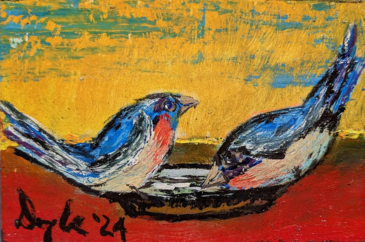 Bluebirds Enjoy Fine Dining by Douglas Black  Image: Bluebirds: from the Little Birds Mini Oils Series