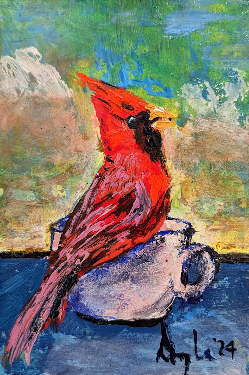 Redbird Relishes Rapeseed by Douglas Black  Image: Redbird: from the Little Birds Mini Oils Series