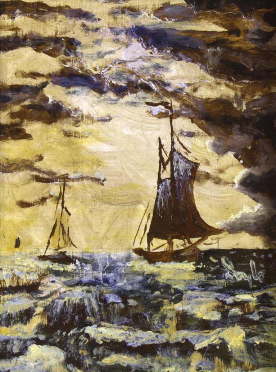 Nautical Study No. 1 by Douglas Black  Image: Nautical Study No.1 of a Monochrome Oil Painting Moonlit Schooners At Sea, c.1880, attr. August Löhr