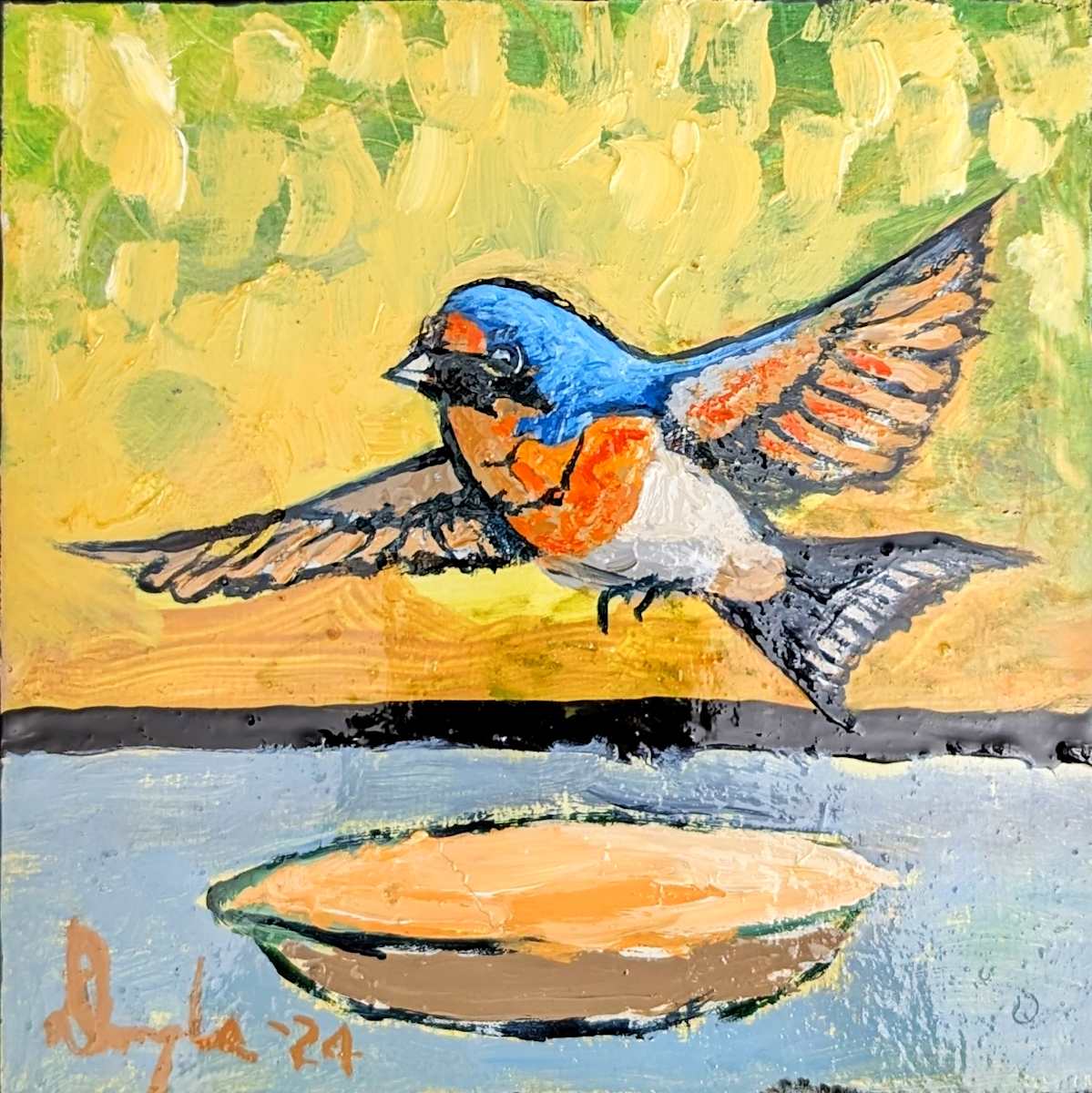 Barn Swallow Swoops Picnic by Douglas Black  Image: From The Little Birds Miniature Oil Paintings Series