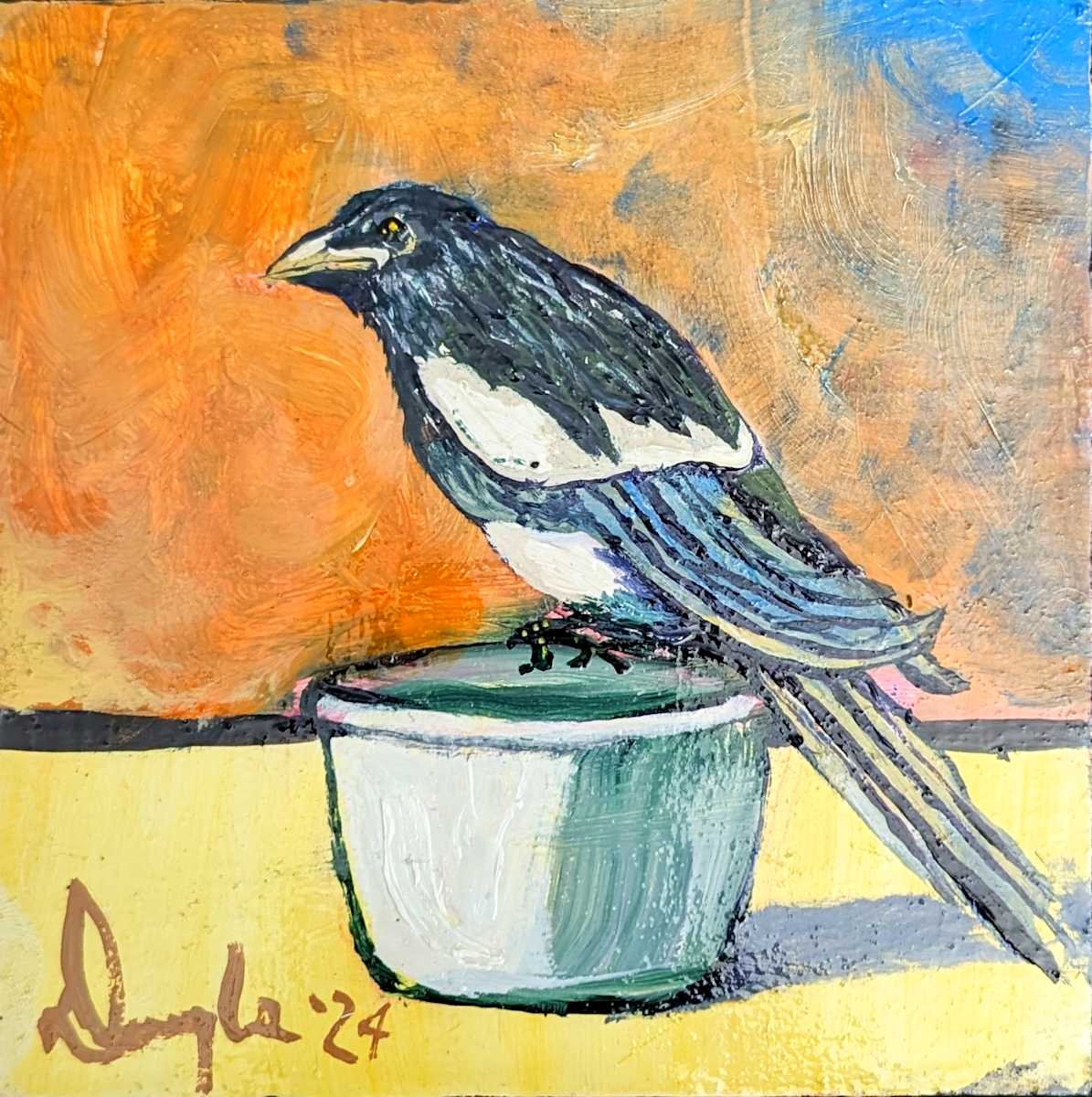 Magpie Claims Cuppa Sugar by Douglas Black  Image: From The Little Birds Miniature Oil Paintings Series