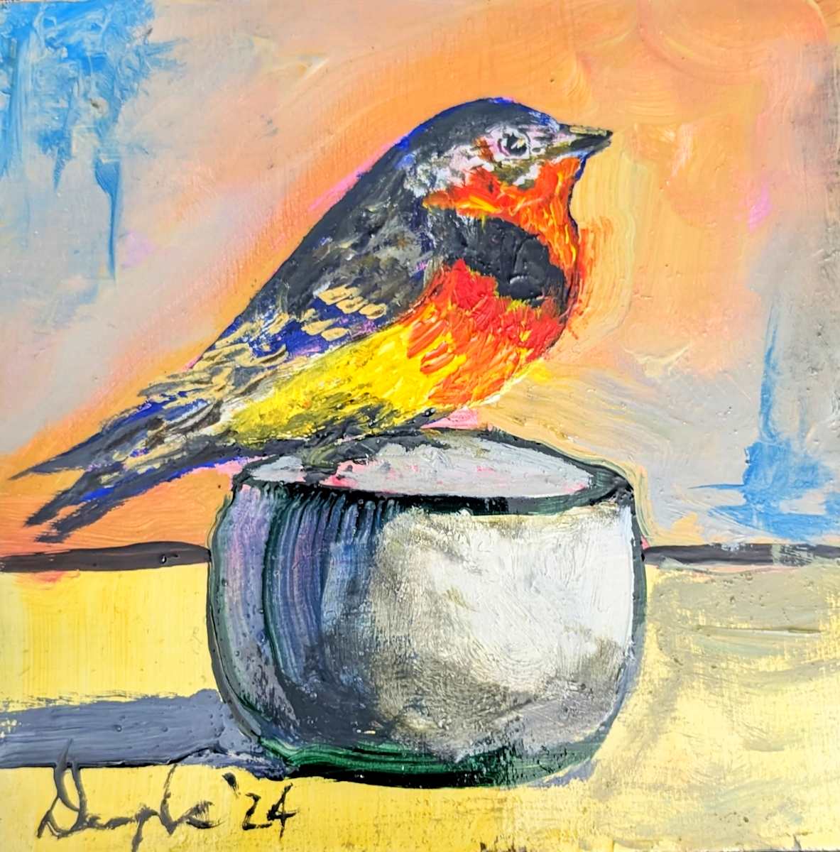 Small Thrush In No Big Rush by Douglas Black  Image: From The Little Birds Miniature Oil Paintings Series
