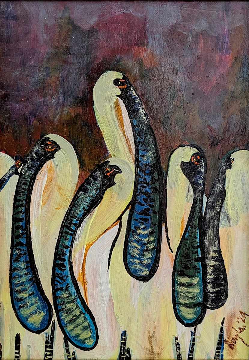 Endangered Black Faced Spoonbills by Douglas Black  Image: From The Excellent Birds: EXTINCT Series