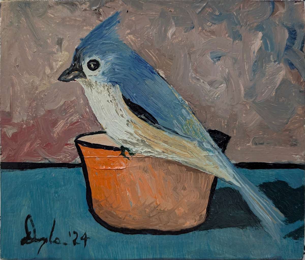 Titmouse Takes Orange Bowl by Douglas Black  Image: From The Little Birds Miniature Oil Paintings Series