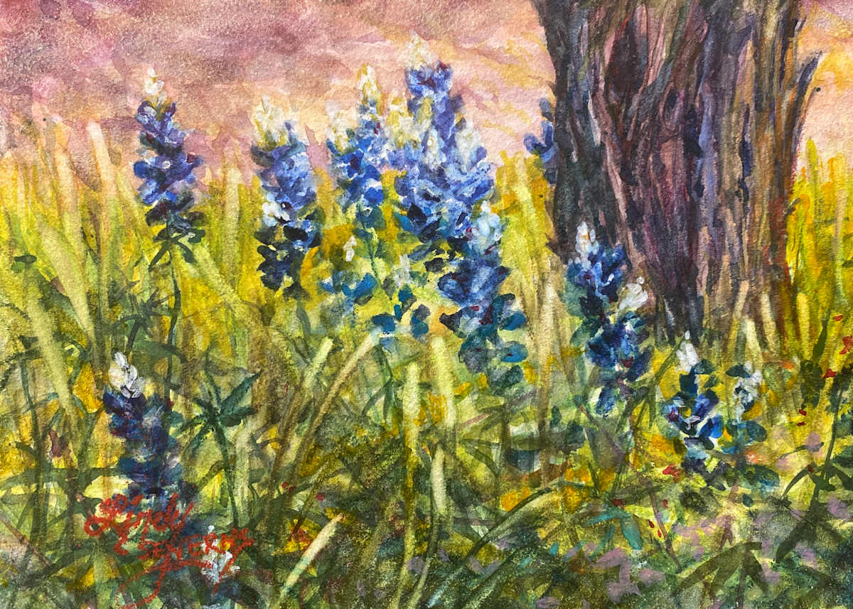 Blue Reverie by Lindy Cook Severns  Image: Bluebonnets humming in the wind beneath an old cedar tree