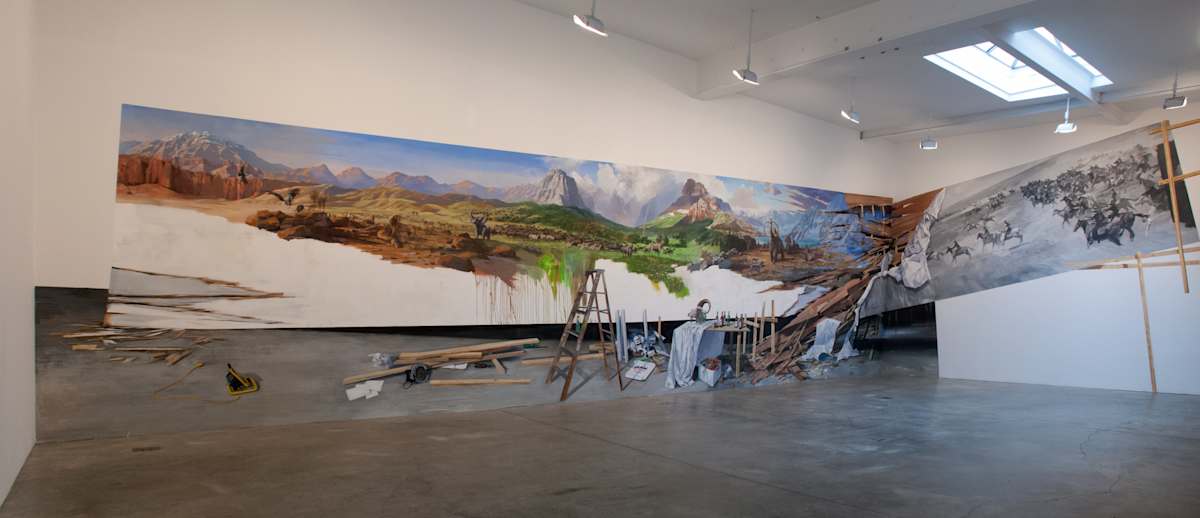 Discovery of America by Adam Cvijanovic  Image: Adam Cvijanovic, Discovery of America, 2012, Flashe acrylic on Tyvek, 180 x 780 inches. Inventory No. AC-2102-P-001. 