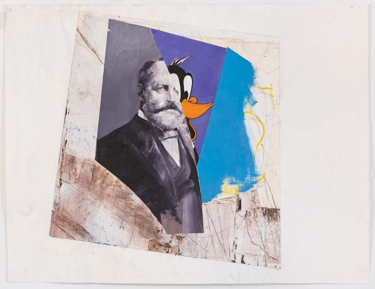 Portrait of Henry Clay Frick/Daffy Duck by Adam Cvijanovic  Image: Adam Cvijanovic, Portrait of Henry Clay Frick/Daffy Duck, 2021, oil and collage on paper, 38 x 49 5/8 in. Inventory no. AC-2021-PC-003. Photo: Adam Reich.