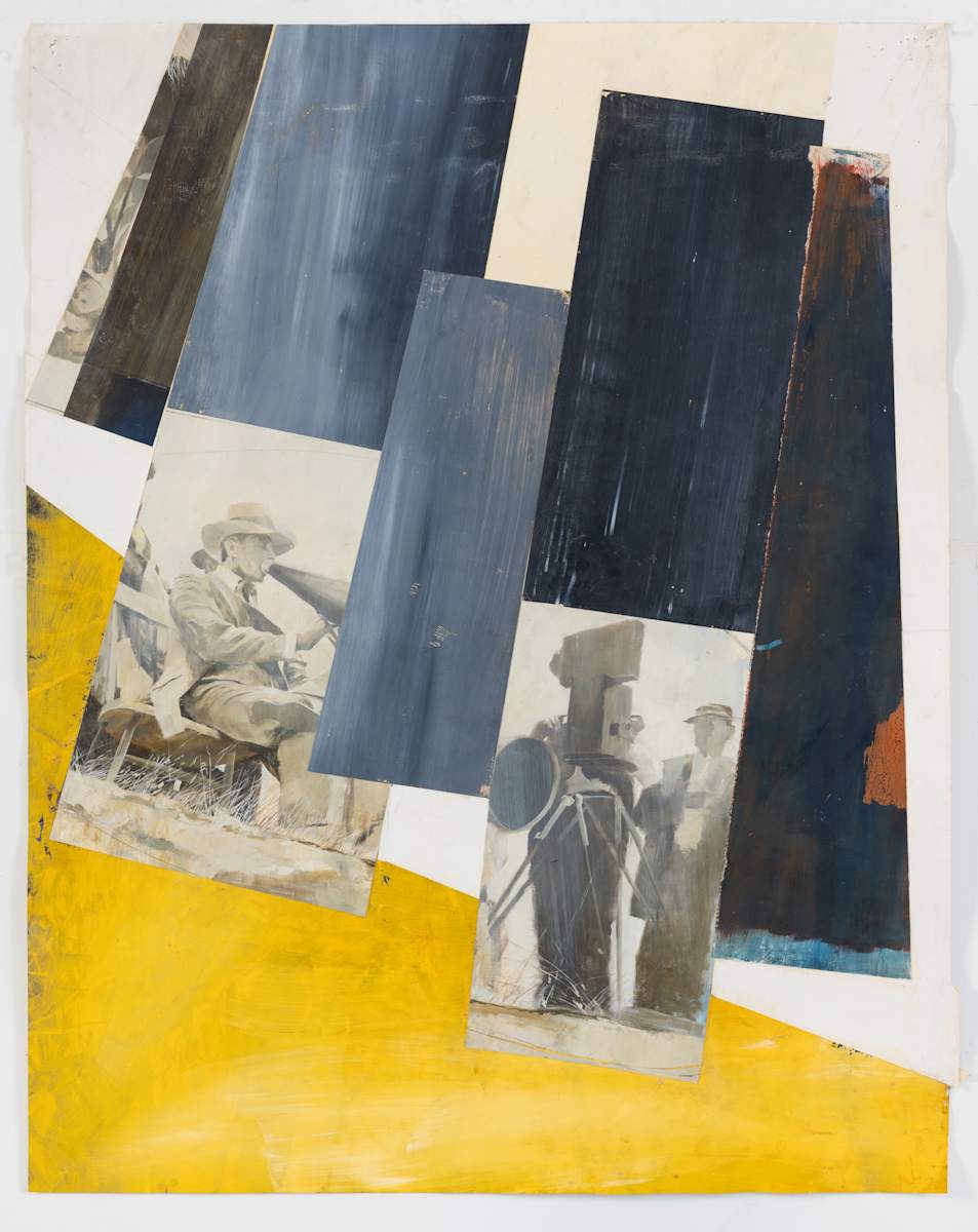 Portrait of D.W. Griffith on Set by Adam Cvijanovic  Image: Adam Cvijanovic, Portrait of D.W. Griffith on Set, 2021, oil and collage on paper, 50 3/16 x 39 1/8 in. (sheet; irregular). Inventory no. AC-2021-PC-004. Photo: Adam Reich.