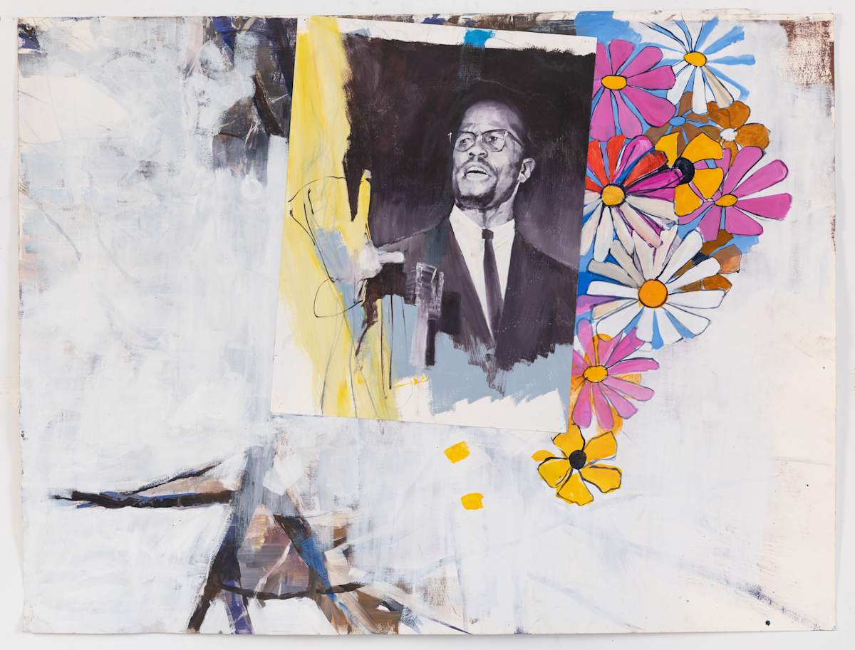 Malcolm X Version 2 by Adam Cvijanovic  Image: Adam Cvijanovic, Malcolm X Version 2, 2021, oil and collage on paper, 37 13/16 x 49 15/16 in. Inventory no. AC-2021-PC-006. Photo: Adam Reich.