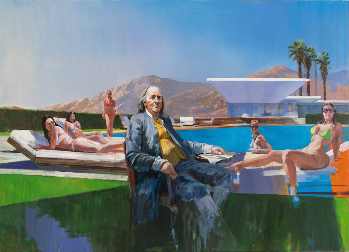 Franklin at Versailles by Adam Cvijanovic  Image: Adam Cvijanovic, 2022, Franklin at Versailles, 2022-2024, oil on canvas, 78 x 108 1/8 x 1 1/2 in. Inventory no. AC-2022-2024-P-007. Courtesy of the artist. Photo by Adam Reich.