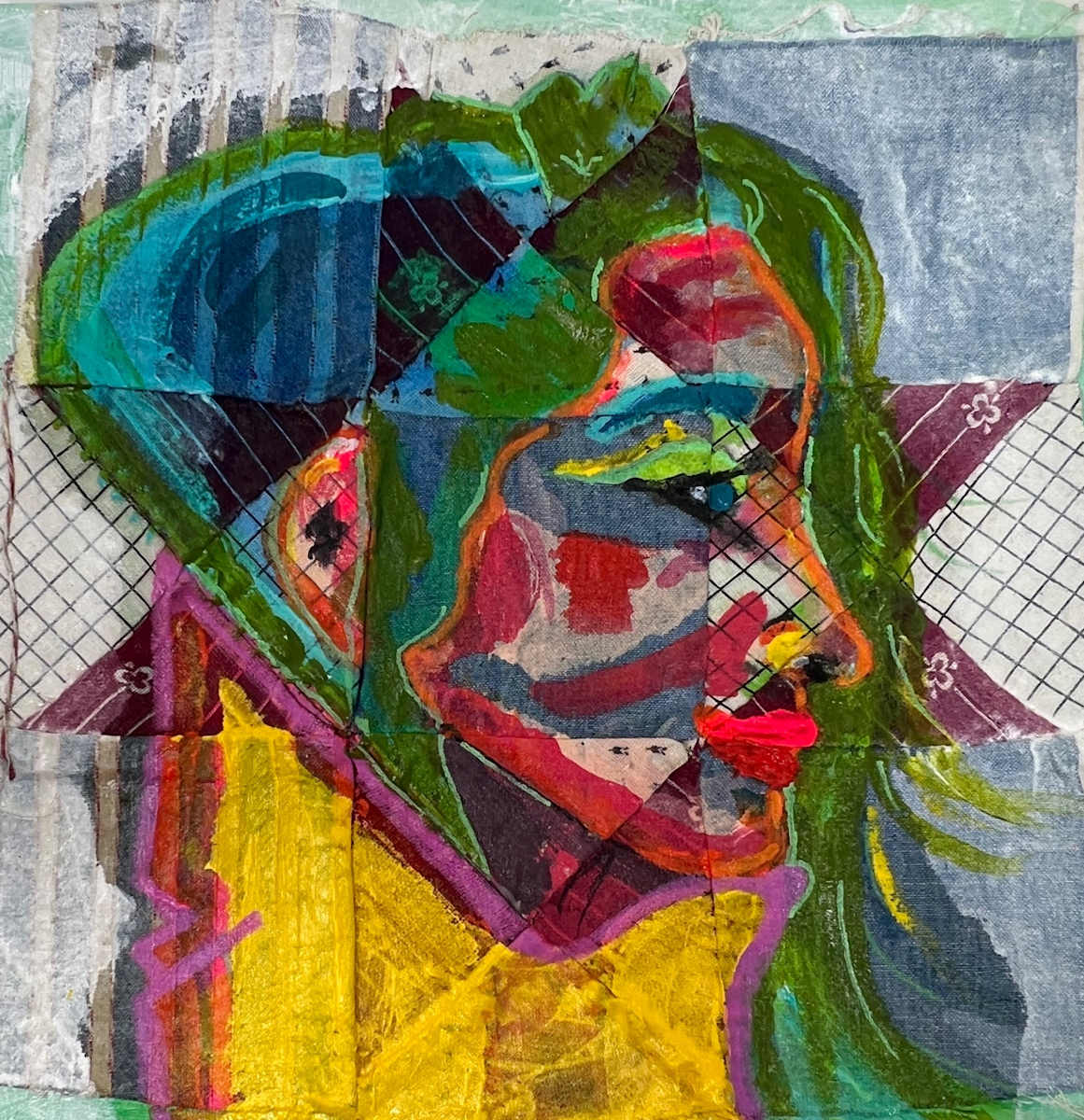 Keep the Wind at Your Back by Cynthia Banua  Image: Original. Acrylic portrait on quilted fabric applied to wooden panel. From the "In Stitches" collection. 