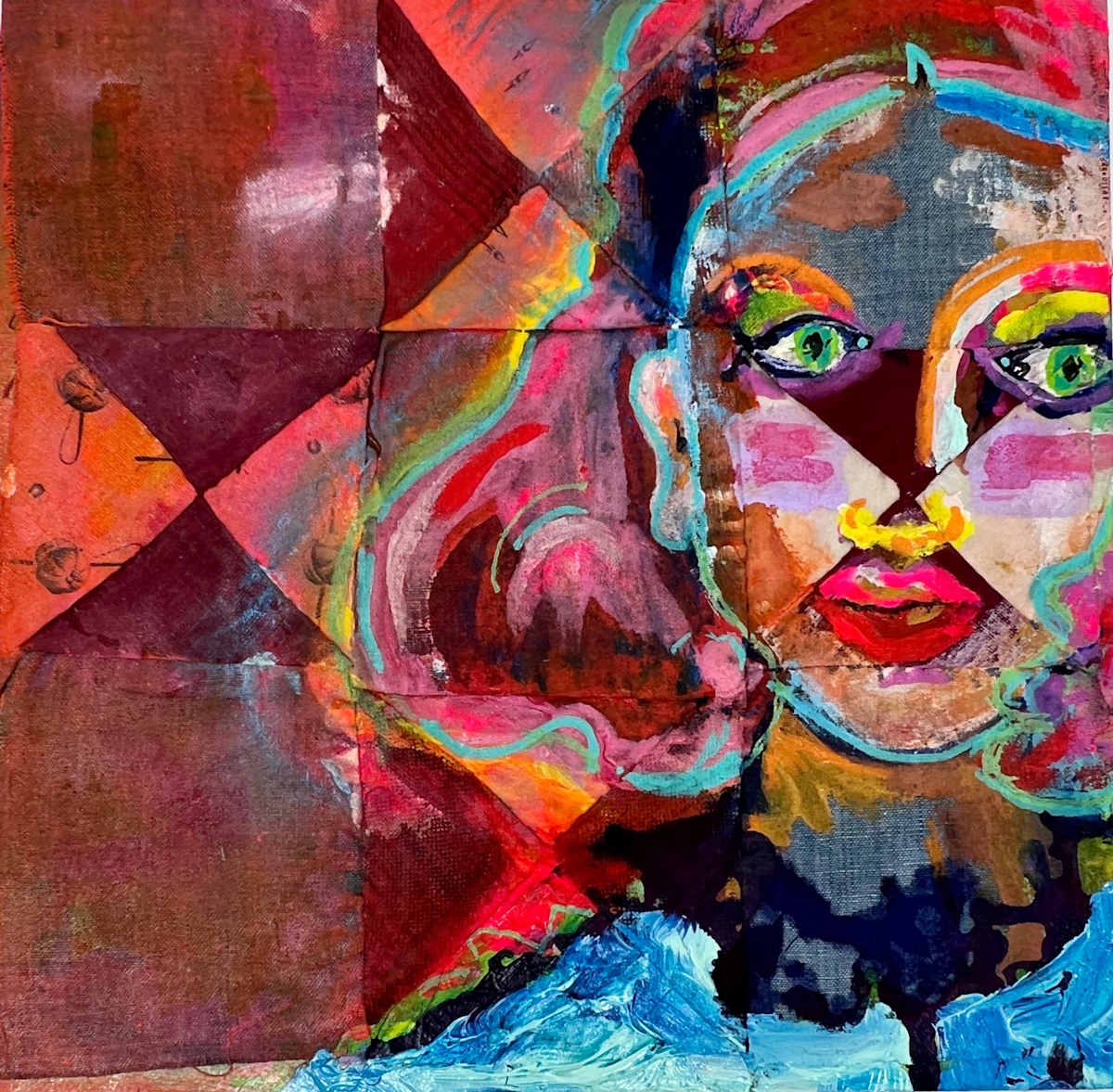 Face Forward by Cynthia Banua  Image: Original. Acrylic portrait on quilted fabric applied to wooden panel. From the "In Stitches" Collection. 