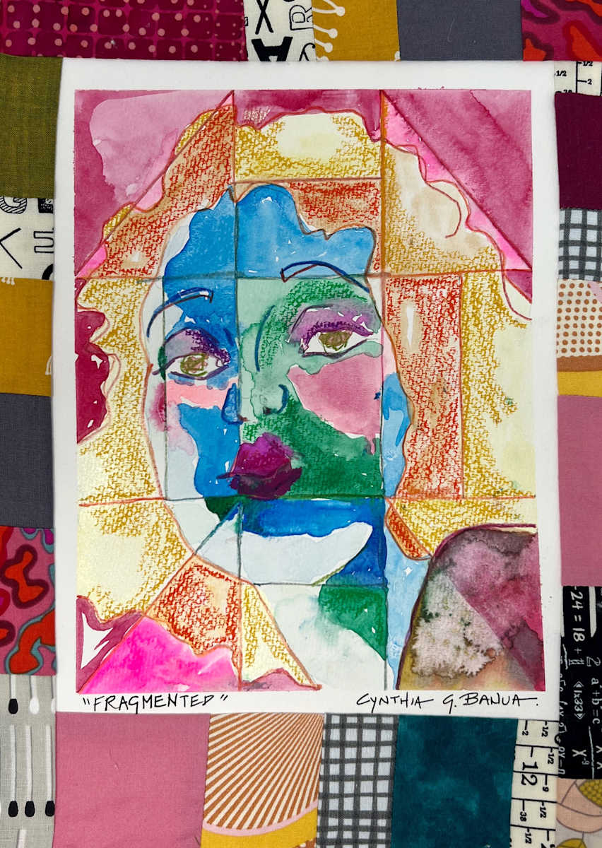 Fragmented by Cynthia Banua  Image: Original. Watercolor and colored pencil on paper with Stitched Textiles. From the "In Stitches" collection.