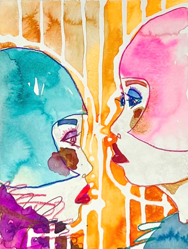 Tête-á-Tête by Cynthia Banua  Image: Original watercolor and colored pencil on paper. From the "Bold Women" collection. 