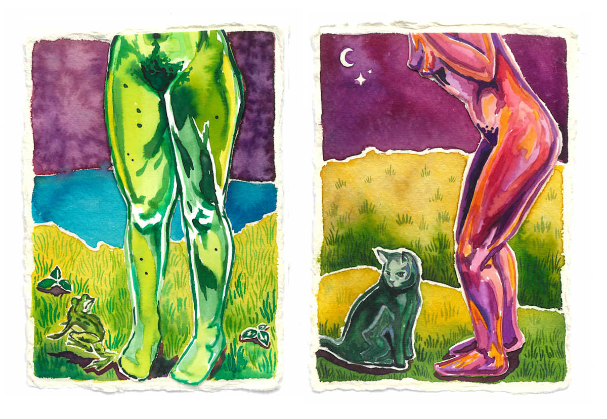 Froggy Darling, Don’t go (left) And  Here Kitty, Kitty (right) by Emma Santos 