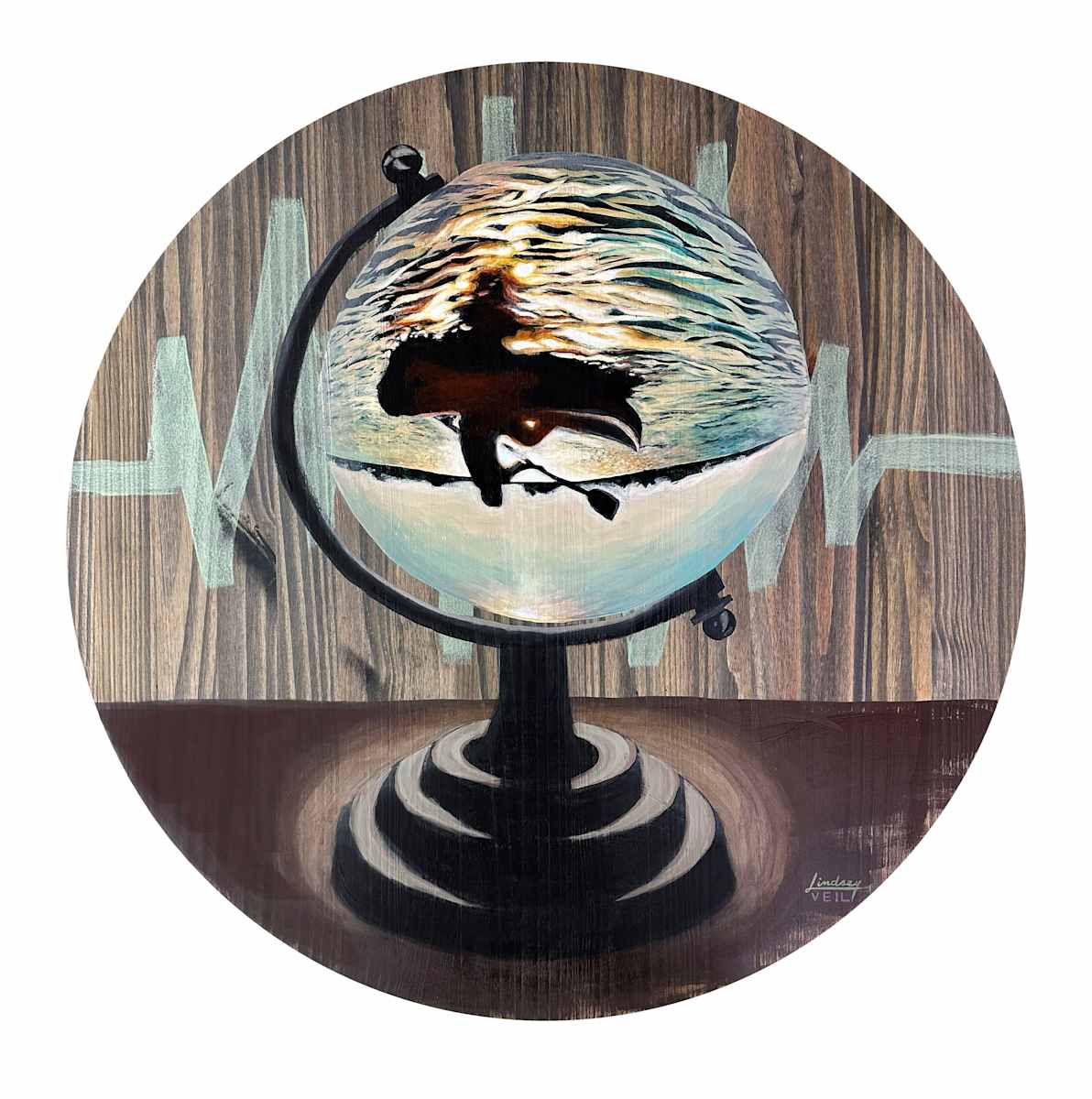 Momentary by Lindsey Veil  Image: Momentary is 36” x 36” x1.5” acrylic on wood. I used watered down paint to stain the background. Then I used the grid method to get the accuracy of my image. I then painted darkest values first, then layered lighter values on top. 