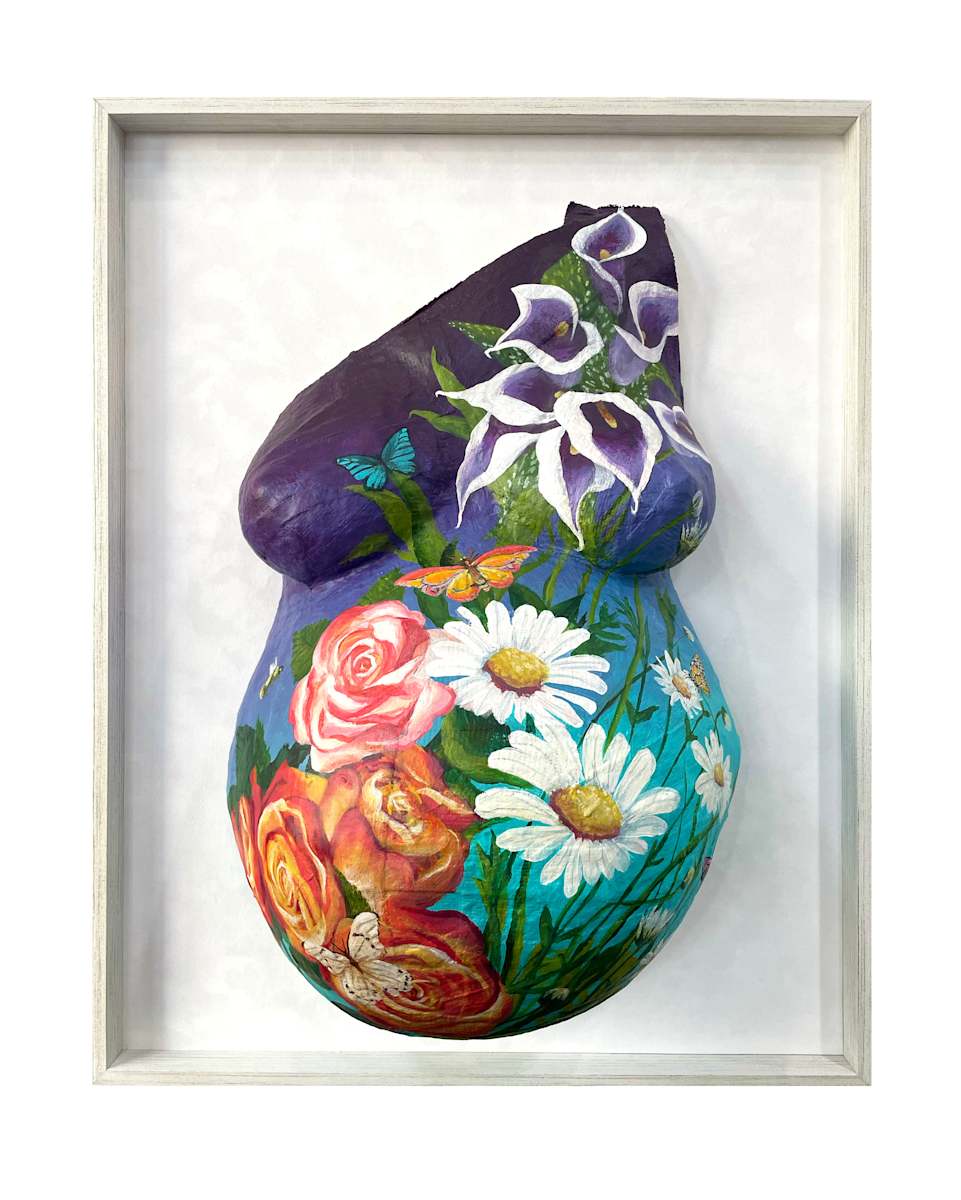 A Garden of Life and Love by Lindsey Veil  Image: Acrylic painting on paper mache.  Front view. Client gave me creative liberty to tell a story with this painting, so I created a teaming, thriving garden of beauty and life. Each flower, butterfly, and bumblebee has symbolic meaning that is specific to the client’s story. 