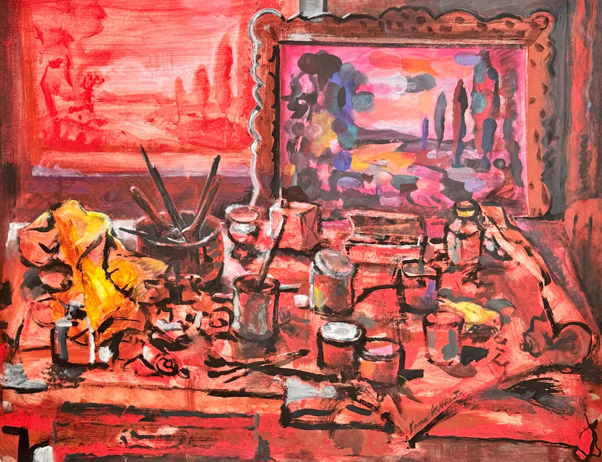 Red table with yellow bird by Xano Armenter, Image 1.