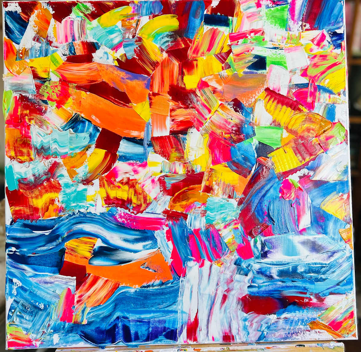 Refracted Currents by Caroline Estes  Image: Refracted Currents explores the collision of love, frustration, and renewal — emotions breaking apart and bending like light through water. The palette-knife layers create motion and turbulence, yet their vibrant arcs suggest hope rising within chaos. It is both intimate and collective: a reflection of personal transformation and the shared currents that carry us forward.