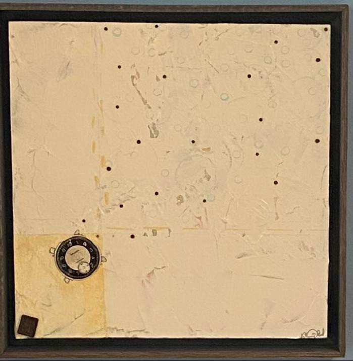 Time Release by Kimmy Donald  Image: Time Release 2026
Layers and layers of acrylic paint with pocket watch and wrist watch parts embedded.  The Art Deco style of the pocket watch face just makes me so happy!  An added touch is a tire weight rescued from a tire shop parking lot.  Release the weight of time constraints!  Enjoy ART!  Kimmy ; D