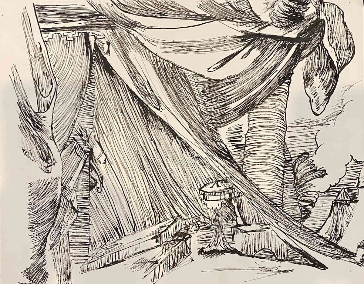 African Tent Camp - Drawing with India Ink by Marie Louise Bosin  Image: African Tent Camp