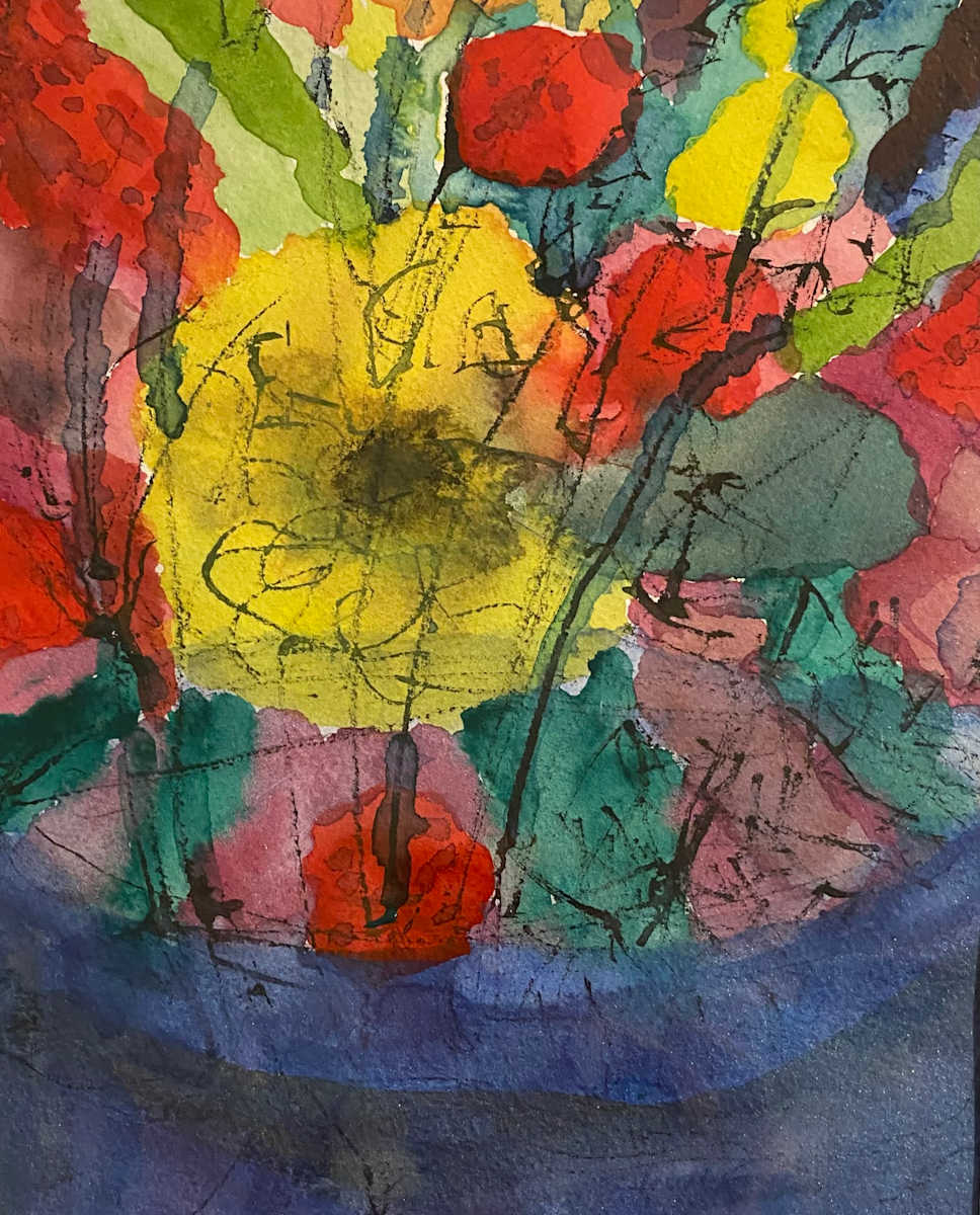 Flowers in a Blue Bowl - Original Watercolor by Marie Louise Bosin, MA  Image: Flowers in a Blue Bowl - Original Watercolor