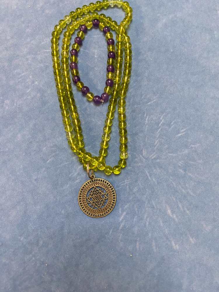 Mala Beads Necklace and Bracelet - CUSTOM MADE by Marie Louise Bosin, MA  Image: Peridot and Amethyst with Shree Yantra