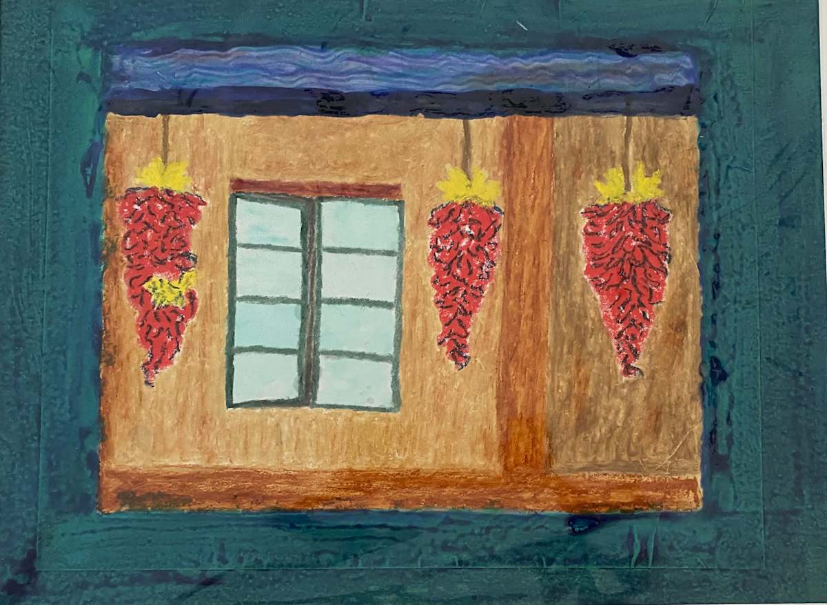 Ristras on an outside wall by Marie Louise Bosin, MA  Image: Ristras on an outside wall