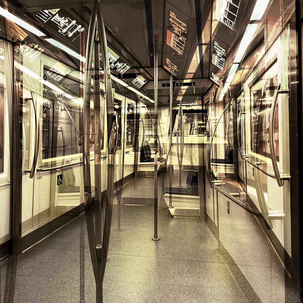Drunken Subway Ride by Sherry Ross  Image: A layered symphony of motion and stillness, this in-camera multiple exposure captures the fleeting, fractured moments of a subway ride. Muted tones wash over the composition, lending it a wistful, almost melancholic air, while superimposed reflections and shifting lights distort space and time. The result is both hypnotic and disorienting—an abstracted journey where reality bends, folds, and overlaps. Someone likened it to a ‘drunken subway ride,’ an observation that feels fitting, as the image sways between clarity and chaos, evoking the sensation of being lost in transit, both physically and emotionally.