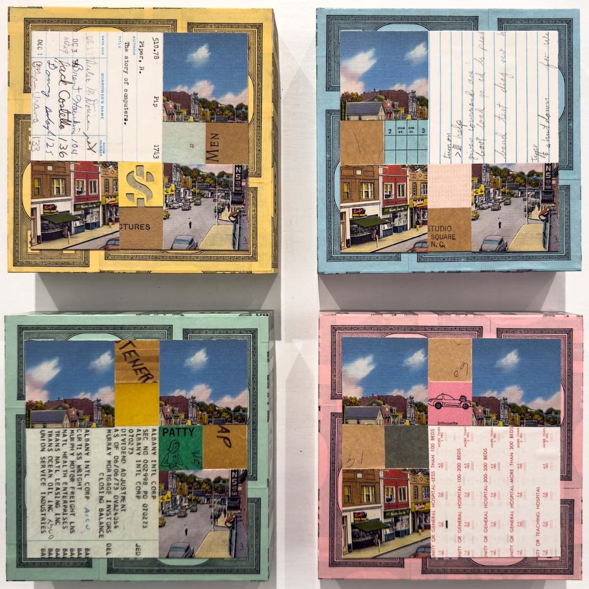 Home Town Dream by Denise Lindgren  Image: Original Vintage Postcards, Play Money, Library Circulation Card, Scantron, Ephemera on four 4" wooden panels mounted inside a white wooden frame.