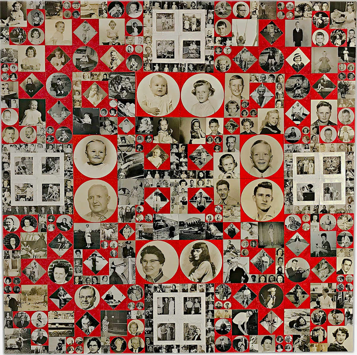 Quadrants / Transitions by Denise Lindgren  Image: Four stages of life and their transitions depicted with over 400 hand-cut, original vintage photographs in a design based on a 1907 math puzzle.