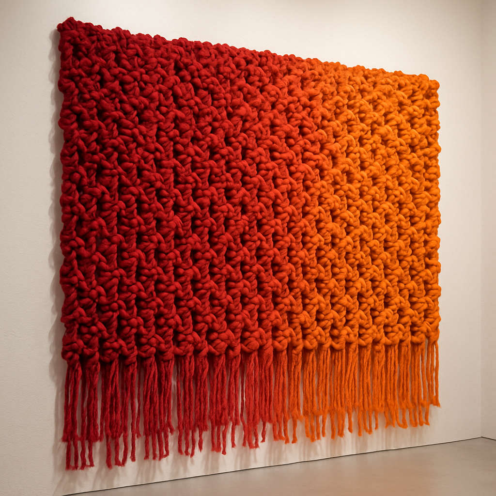 What We Remember of Fire by Anika Rowe  Image: This fiber-based work is part tapestry, part sculptural textile. Using wool and silk dyed in gradients of crimson, smoke gray, and deep black, Vey interlaces burned linen fragments gathered from fire sites in Colorado. The woven structure becomes a memorial to loss, while its tactile surfaces suggest resilience and regrowth.