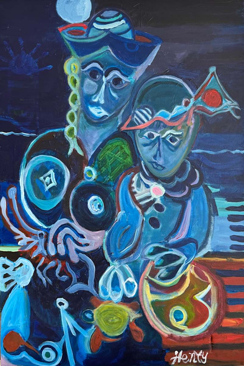 Mother and Child  with Lobster and Turtle by Eric Henty  Image: In this painting, Eric Henty depicts a mother and child beneath a glowing moon, their forms bathed in luminous blues and accented with bold, symbolic details—a lobster cradled by the mother, a sea turtle and beach ball within the child’s reach. The scene suggests an intimate moment of discovery, transformed into myth through surreal juxtapositions. Painted during the summer of 2025, the work belongs to a remarkable series of more than twenty canvases created in what the artist describes as a “miraculous” surge of inspiration. Extending the figurative explorations pioneered by Picasso, Henty reinterprets Cubist and Surrealist sensibilities with a contemporary voice, while capturing the enduring themes of love, play, and the mysterious bond between humanity and nature.