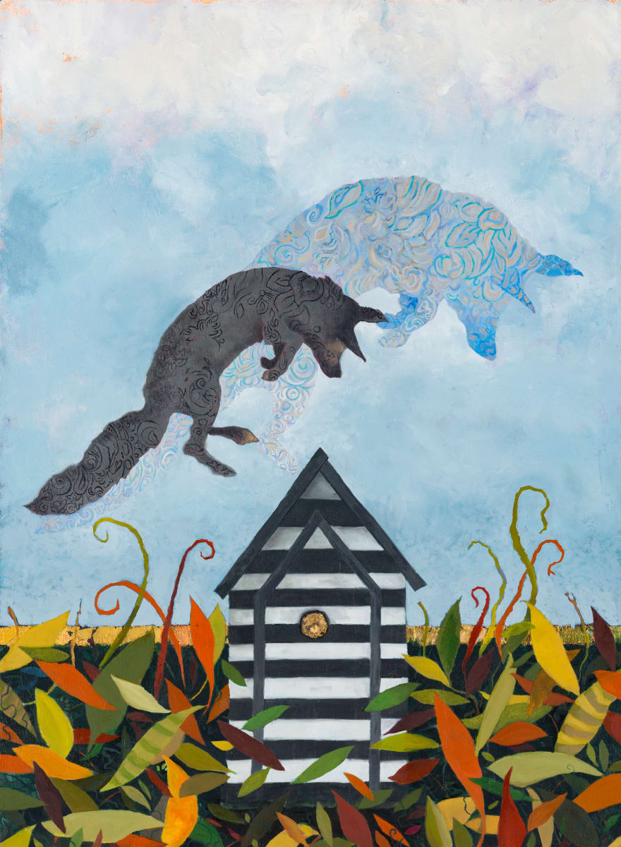Grey Fox Jumps a Spirit House by Susan Schiesser 