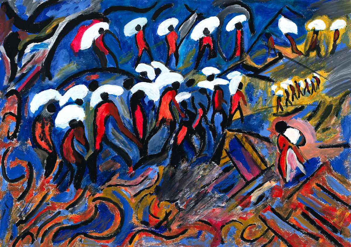 Starvation by Dr. AbdalHadi Alijila  Image: “How do you manage?”
"That’s the question I keep being asked.
But the truth is—I cried once. It was at the beginning of the genocide, when my mother said, “We left our home in Gaza. We are displaced.” That moment shattered me . Since then, the tears dried up.
I didn’t cry when my niece was murdered. I only cried again when my mother was killed.
The psychologists struggled to understand, and eventually a psychiatrist had to prescribe medication just so I could sleep. I take an amount if these pills, daily. 
I returned to painting—but every canvas is Gaza. Always Gaza.
I feel crushed. Soulless.
As if someone tore my soul from my chest and flung it into the air—wingless.
My smile vanished.
Gone, like a Nazi soldier stealing the belongings of a passing Jewish man.
And now the Zionazi mindset thinks it can erase us too.
But even if we are broken, even if our spirits are hollowed—we will still fight.
For dignity  For liberty  For freedom
We must hold the criminals accountable.
Every horrific scene leaves a mark—like an X-ray in my brain. It snaps, it imprints, and then plays again in a cruel loop.
One of those scenes is the flour massacre.
I painted it.
I crushed the colors, forced the brush—so that whoever sees it feels what I feel uneasy. "

Dr. AbdalHadi Alijila 