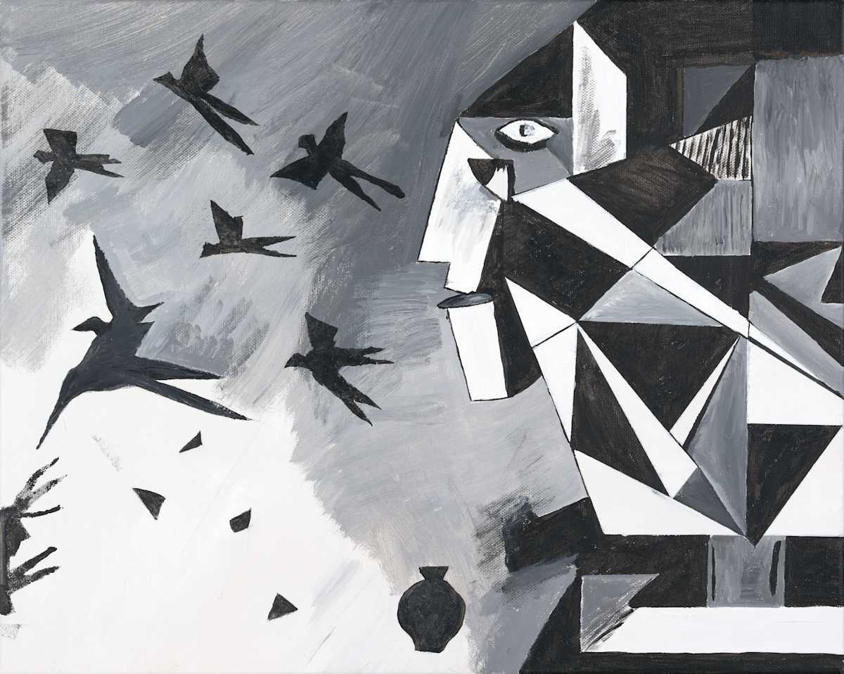 In Between Two Worlds - Genocide by Dr. AbdalHadi Alijila  Image: This work symbolically and abstractly represents the fragmentation of humanity and collective memory during the
Gaza genocide. On the right, a human face—fractured into sharp geometric shapes—suggests the disintegration of humanity. On the left, flocks of black birds in flight symbolize lost souls, displacement, and the death that hovers over Gaza, caused by the Israeli occupation. A dark jug at the bottom evokes irreparable loss and emptied memory.