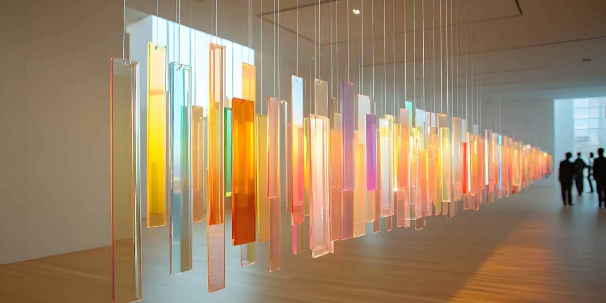 Chromatic Drift by Sabine Korrin  Image: Slender planes of amber, rose, and aqua glass suspended in air, dissolving into light and shadow across the floor.